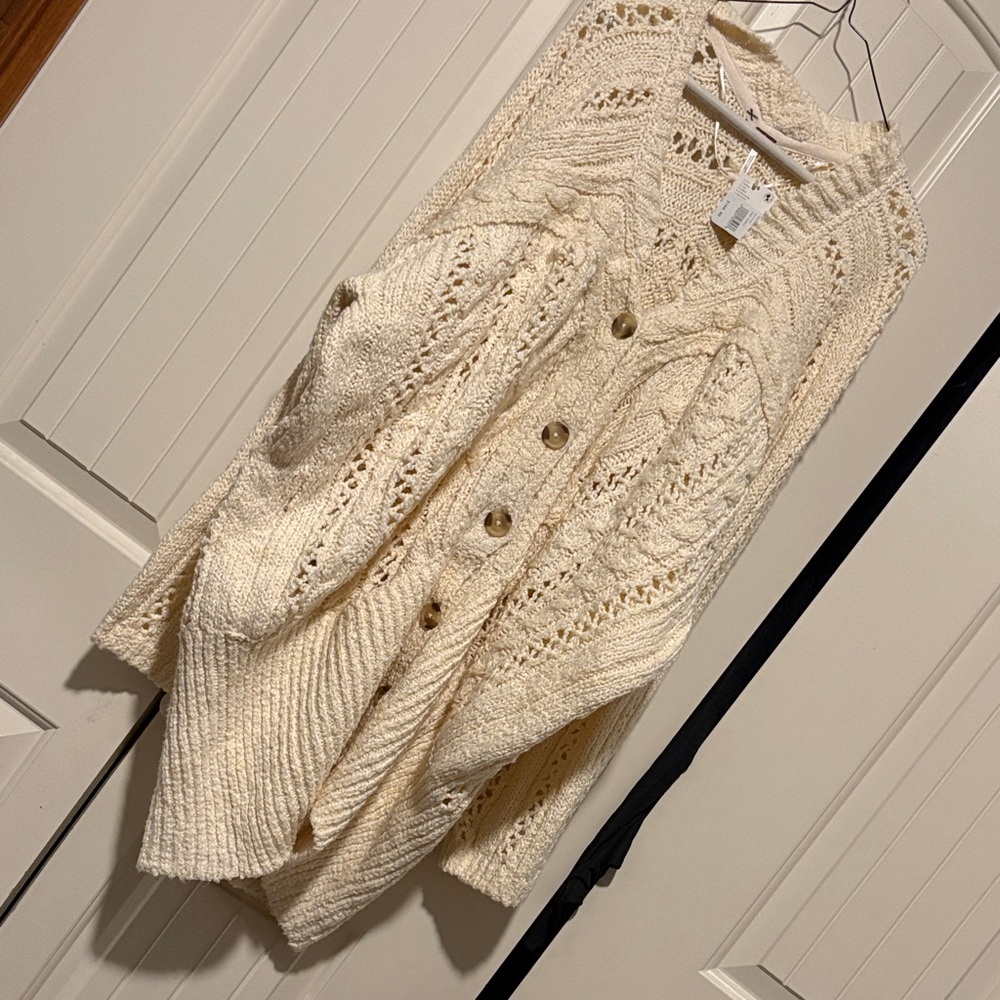 Free People Cream Open-Knit Button Cardigan Sweater XL